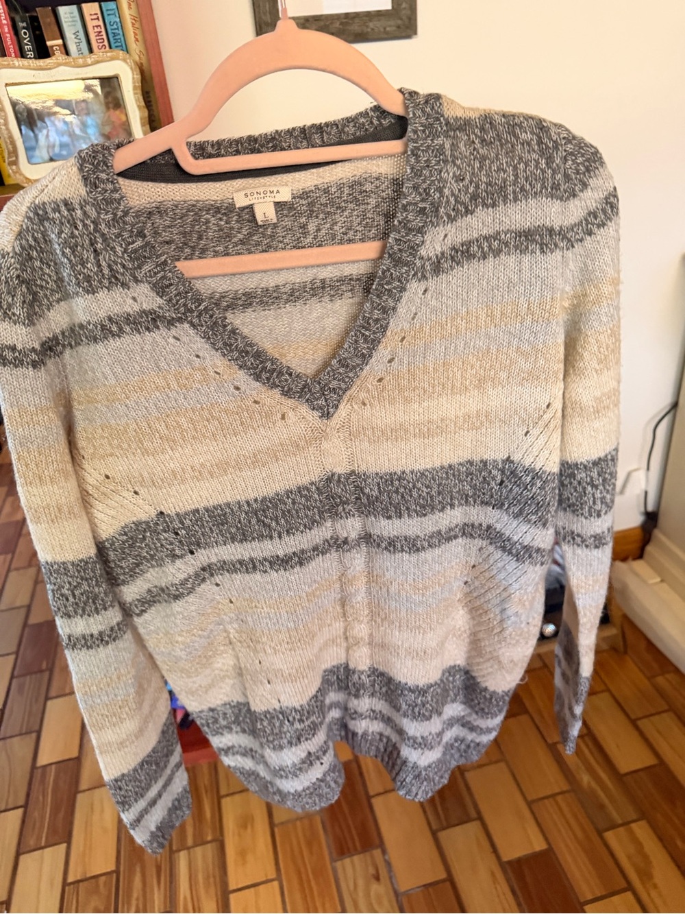 Sonoma Striped V-Neck Sweater in Gray and Cream